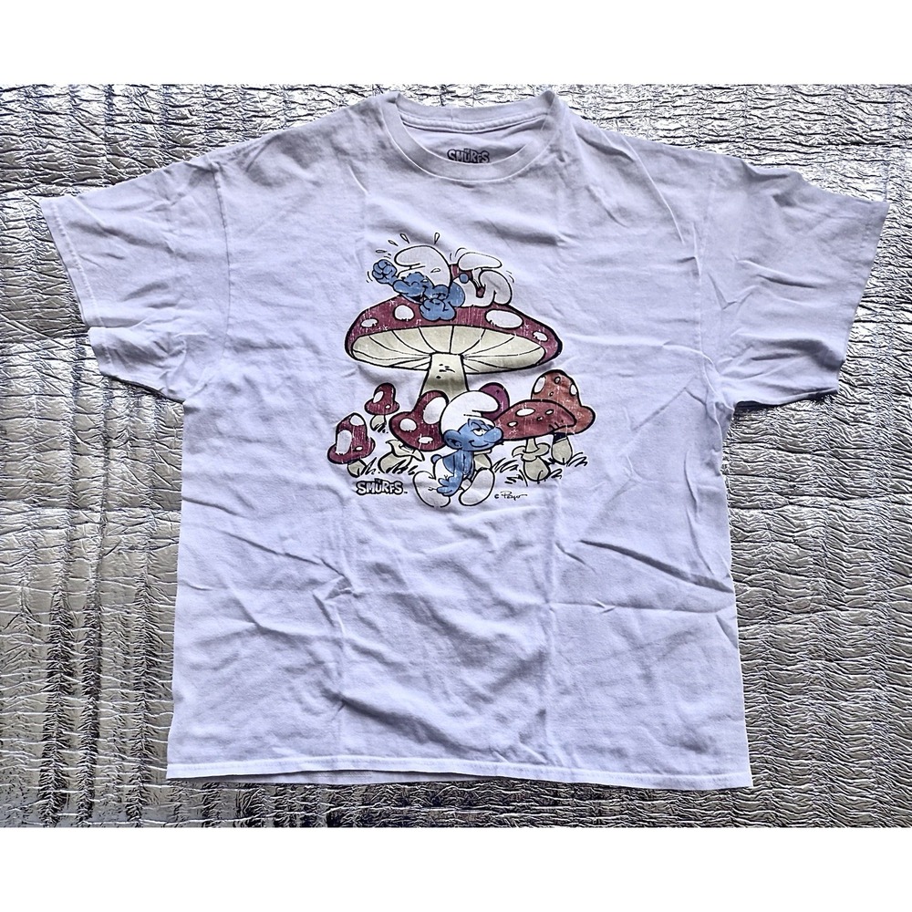 The Smurfs Peyo 2009 Mushroom Graphic T-Shirt Men's XL White Cartoon Tee